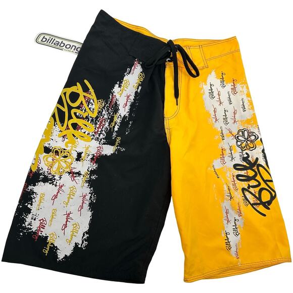 NWT Deadstock Vintage Mens Black Yellow Billabong Board Shorts Swim Trunks Sz 34